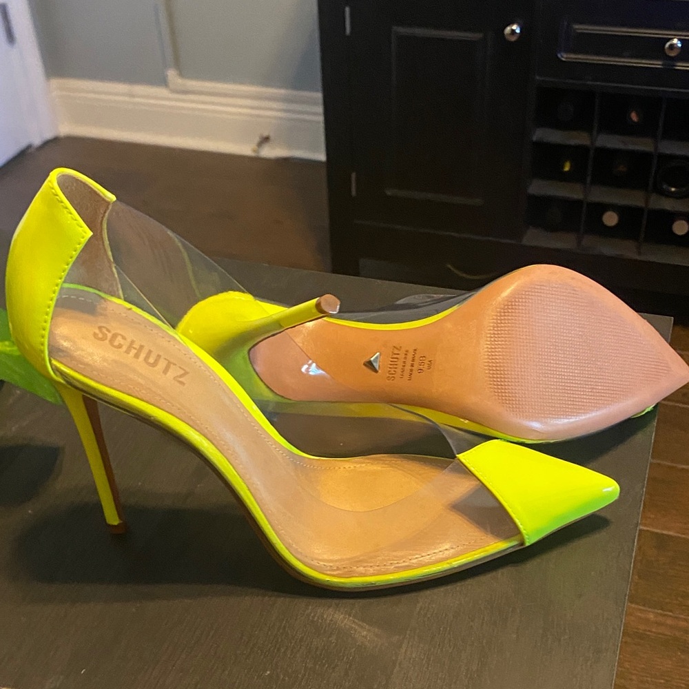 SCHUTZ Neon Yellow Pointed-Toe Clear Panel Pumps